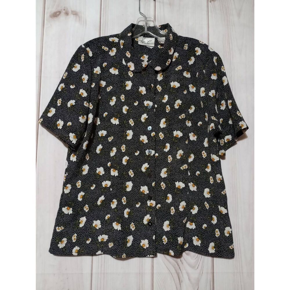Kathy Lee Shirt Ladies 14‎ Black White Floral Button Front Short Sleeve Daisy
